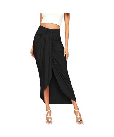 Sanahy Women's Casual Slit Wrap Asymmetrical Elastic High Waist Maxi Draped Skirt Casual Boho Summer Beach Midi Wrap Skirts Black L
