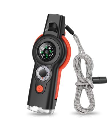 7-in-1 Emergency Survival Function Whistle, Outdoor Multifunctional Tool Safety Whistle with Lanyard, Ideal for Kayaking, Boating, Hiking, Camping, Climbing, Hunting, Fishing, Rescue Signaling Black+Orange