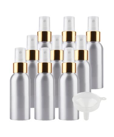 TIANZD 12 Pcs 100ml Empty Silver Aluminium Fine Mist Spray Bottle with White/Gold Metal Spray Head Refillable Travel Alu Bottles for Body Sprays Room Fragrances Perfumes Hair Garden Funnel Gold 100ml