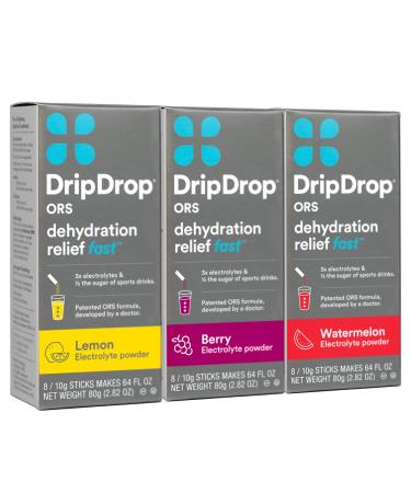 DripDrop ORS Electrolyte Hydration Powder Sticks, Lemon/Berry/Watermelon Variety Pack, 10g Sticks, 8 Count (Pack of 3) Lemon/Berry/Watermelon Variety Pack 8 Count (Pack of 3)