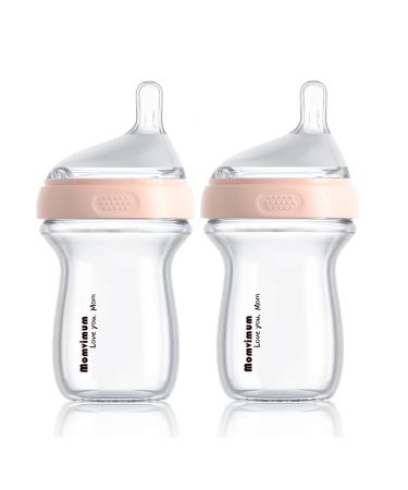 Glass Baby Bottle 6 oz - Breast Like Bottles for Breastfed Babies Wide Neck Anti Colic 3 Months+ 2 Count (Pink) 6 Ounce Pink
