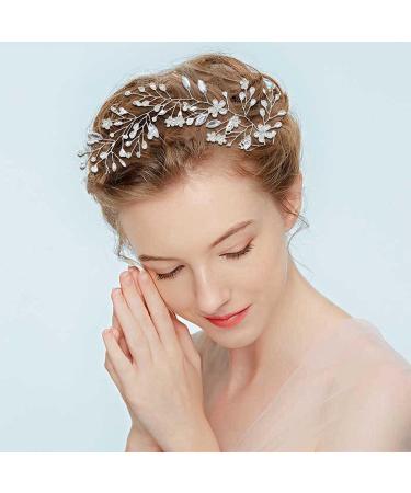 Pearl Wedding Hair Vine Silver Bridal Headband Crystal Wedding Headpiece Bridal Hair Accessories for Women and Girls - Buy Online on GoSupps.com