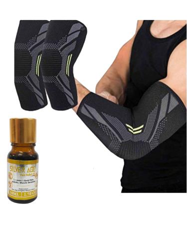 SilverAge Elbow Support for Gym - Elbow Brace for Men and Women Workout Elbow Compression Sleeves for Tendonitis Pain Relief Volleyball Cricket - Robotic Elbow Pain Solution - Medium(Free 10ml Oil)