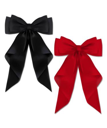 AYNKH 2 PCS Big Bow Hair Clips with Long Silky Satin Solid Color French Barrette Simple Hair Fastener Accessories for Women Girls black and red