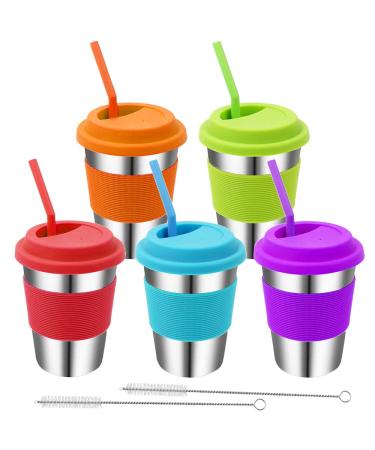 Rommeka Stainless Steel Kids Cups 5 Pack Colorful Drinking Tumbler Sippy Cup with Silicone Lids and Straws Metal Mugs for Toddlers Children and Adults - 12oz Silicone Lids + Silicone Straws / 5 Color