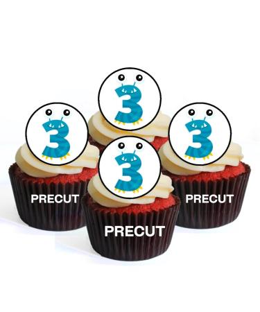 PRECUT Monster 3rd Birthday Edible Cupcake Toppers - Monster Numbers Theme Premium Thickness SWEETENED VANILLA - wafer card disc cake decorations (Pack of 24)