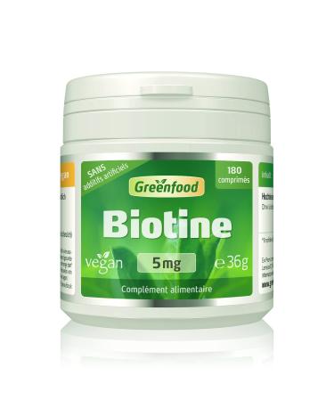 Greenfood Biotin 5 mg High Dose, 180 Tablets, Vegan - for the maintenance of normal skin and hair. No artificial additives. Non-GMO.