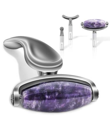 Jade Facial Roller Jade Face Roller Massager with 3 Interchangeable Heads for Women Routine Skin Care Reduce Puffiness Wrinkling Rejuvenate Skin (Purple + Silver Black) Purple Crystal Roller+ Silver Black Handle