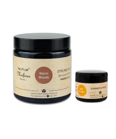 Meißner Tremonia - 100g hair wax "warm woods" - hair wax men for strong hold - vegan hair wax matt with berry wax carnausta wax and Neuburger pebble earth - hair gel men for hairstyling warm wotord