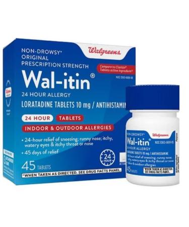 Walgreen wal-itin Non-drownsy 24 Hour Allergy Indoor and Outdoor Allergies 45 Tablets