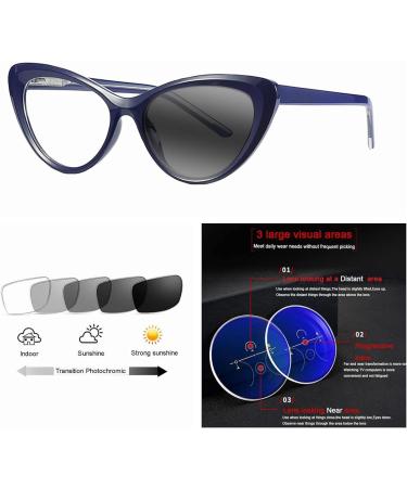 Women's Cat Eye Multifocal Progressive Glasses UV400 Transition Photochromic Lens +1.0 to +3.0 Blue 2.5x With Spring Hinges - Buy Online on GoSupps.com