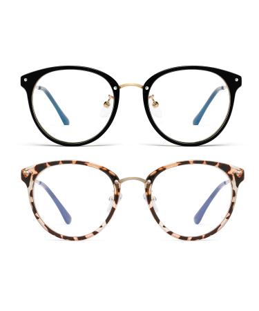 hunsquer Blue Light Blocking Glasses - Women/Men Retro Round Computer Reading Fashion Glasses Non Prescription (2020 black+douhua), 135mm