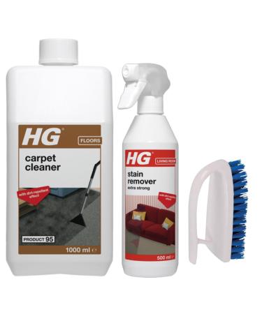 1x HG Extra Strong Stain Remover 500ml 1x HG Carpet Cleaner 1L 1x Brush - Spot Stain Away Sprays for Textiles Fabrics Car Interior Sofas Upholstery