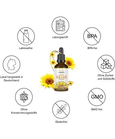 Vitamin D3+K2 Drops 50ml - High Bioavailability | 1000 IU Vitamin D3 per Drop | Premium MCT Coconut Oil | Made in Germany | K2Vital 99.7% All-Trans - Buy Online on GoSupps.com