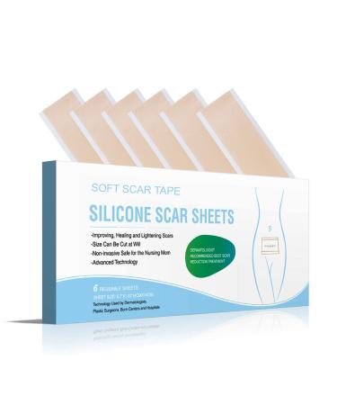 XIRENE 6-Pack Medical Grade Silicone Scar Sheets for Old & New Scars Easy-Tear Soft Silicone Scar Tape Reusable Washable Painless Scar Removal Strips for Acne C-Section Keloid Surgery Burn