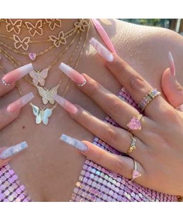 YOSOMK Pink Coffin Fake Nails with Gems - Glossy False Nails for Women - Stick on Nails with Glue - Long Press on Acrylic Nail Tips - Buy Online on GoSupps.com