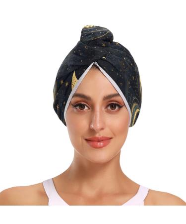 Tribe Moon Stars Black Hair Towel 2 Pack Super Absorbent Hair Drying Towel Quick Dry Hair Turbans Head Towel with Button Twisty Wrap for Women Girls