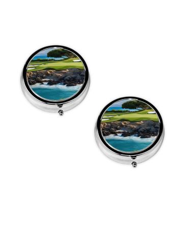 Hawaii Beach Golf Course Printed Mini Round Pill Box Pill Box 3 Compartment Medicine Pill Case Pill Organizer Travel Pillbox Portable Pill Box for Pocket Home Office Use