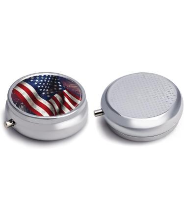 USA Flag Print Round Pill Box - 3 Compartment Portable Metal Pill Organizer for Travel | Decorative Pocket Pill Case - Buy Online on GoSupps.com