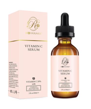 ROSVANEE Vitamin C Serum for Face and Eyes 60ml - Pure Facial Brightening Serum with 20% Vitamin C Hyaluronic Acid Vitamin B & E for Anti-Aging Acne Wrinkle Dark Spots and Sun Damage