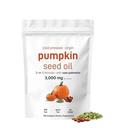 Pumpkin Seed Oil with Saw Palmetto- 3000mg - 180 Softgels -Cold Pressed - Pure Virgin Oil - Essential Fatty Acids & Phytosterols - Supports Hair - Urinary - Bladder & Prostate Health - Non-GMO