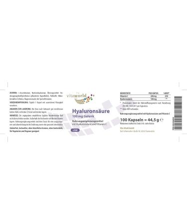Vita World Hyaluronic Acid 100mg Joint 100 Capsules Made in Germany - Buy Online on GoSupps.com