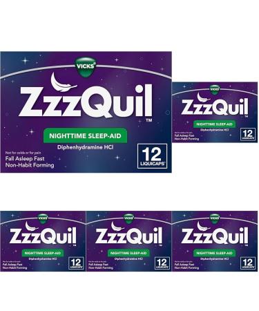 ZzzQuil Nighttime Sleep Aid LiquiCaps 25 mg Diphenhydramine HCl No.1 Sleep-Aid Brand Non-Habit Forming Fall Asleep Fast 12 Count (Pack of 5)