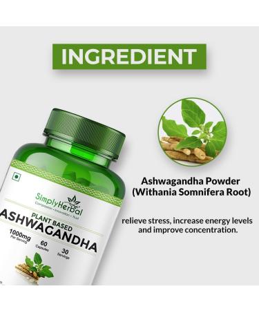 Simply Herbal Organic Ashwagandha 1000 mg per Serving Root Powder & Extract 60 Capsules Vegan Non-GMO Gluten-Free - Buy Online on GoSupps.com