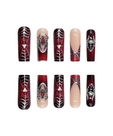 Shop Halloween Press On Nails - Spider Web French Tip Acrylic Nails with Charms | Dark Red Full Cover Glue-On Nail Art - Buy Online on GoSupps.com