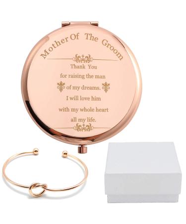 COFOZA Mother of The Groom Gifts Set Rose Gold Stainless Steel Compact Pocket Makeup Mirror with Rose Gold Knot Bracelet and Gift Box for Groom's Mother Wedding Proposal Gift