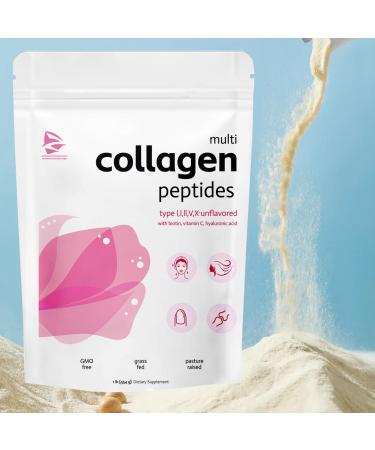 Multi Collagen Peptides Powder for Women Men Types I II III V X 1 Lb Hydrolyzed Collagen Peptides Unflavored with Biotin Hyaluronic Acid Vitamin C Instant Dissolving (1pcs)