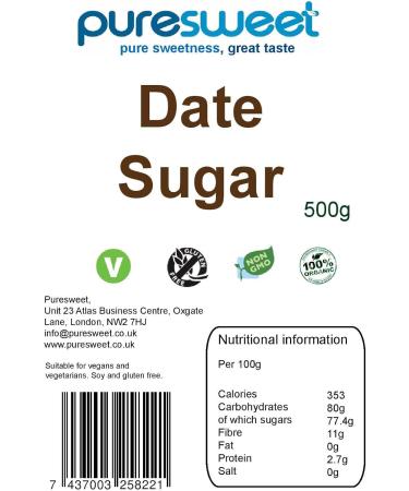 Puresweet 100% Date Sugar 500g Non GMO Recyclable Pouch (due to the nature of this product it will not disolve the same way as sugar). - Buy Online on GoSupps.com
