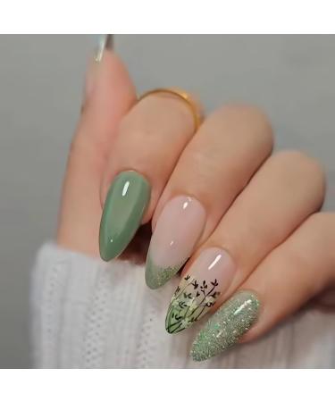Green Press on Nails Medium Almond Fake Nails Press Ons White Green False Nails with Butterfly Design Flower French Tip Press on Nails Pink Glossy Oval Fake Nails Ombre Stick on Nails for Women Girl style1