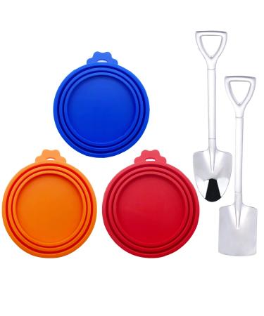 Muluo 5 Pieces Food Can Lids, 3 Pcs Pet Can Covers, 2 Food Spoon Fits All Standard Size Dog and Cat Can Tops orange+ blue+ red