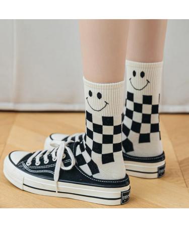 Akamas 4 Couple Black & White Checkered Ladies Socks - Smiling Face Pattern Colorful Breathable Cotton Crew Socks Perfect Gift for Girls - Buy Online on GoSupps.com