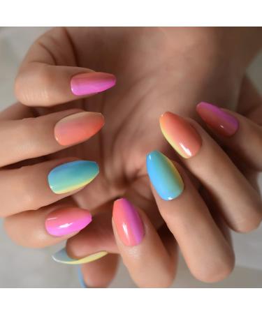 Buy Shiny Colorful Press On Nails | Ombr Rainbow Fake Nails Set - 24pcs Medium Size - Buy Online on GoSupps.com