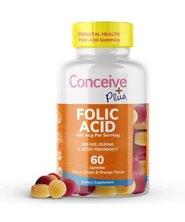 CONCEIVE PLUS Folic Acid Gummies - 800mcg Folate Supplement for Women, Natural Chewable Gummy, 3 Fruit Flavors, Non-GMO, 60 Count 30 Day Supply