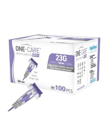 ONE-CARE Opti+ Adjustable Safety Lancets 23G x 3 Depth Setting (1.3 I 1.8 I 2.3mm) Preloaded Gentle Sterile 100/bx