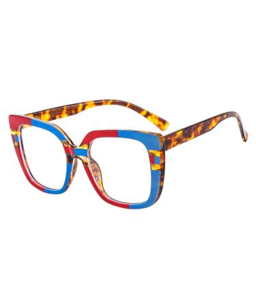 Tr90 Square Frame Blue Light Blocking Glasses for Women Men Anti UV Ray Computer Reading Glasses for Women Men Red-blue-leopard 54 Millimeters