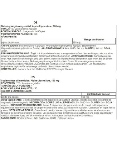 Doctors Best Alpha Lipoic Acid 150mg - Antioxidant Support Vegan Capsules for Healthy Blood Sugar & Nerve Health - 120 Count - Buy Online on GoSupps.com