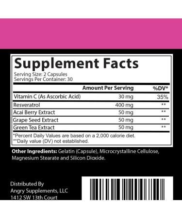 Angry Supplements Clear Skin Complex with Resveratrol, Acai, Green Tea, Grape Seed & Vitamin C - 60ct Beauty Blend for Skin, Hair & Nail Health - Buy Online on GoSupps.com