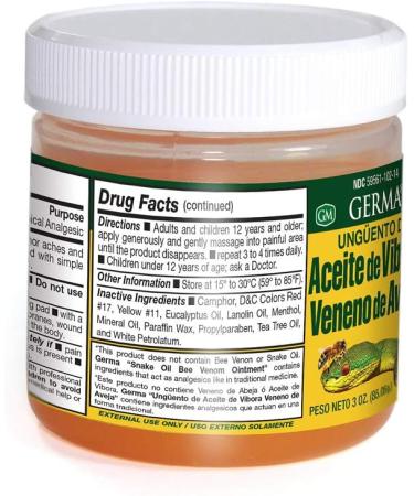 Germa Snake Oil and Bee Venom Analgesic Ointment / Pomada Aceite de Vibora & Veneno de Abeja Analgesico - 3oz. Pack of 3 - Buy Online on GoSupps.com