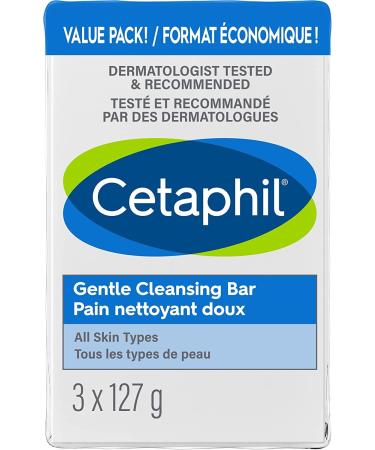 Cetaphil Gentle Cleansing Bar (3-Pack) 127g - Hydrating Foaming Face and Body Wash - For Sensitive Skin - Soap Free Hypoallergenic - Dermatologist Recommend 127 g (Pack of 3)
