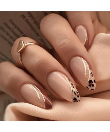 Short French Press on Nails Almond Fake Nails Leopard Print Pattern False Nails With Design Gold Line Glue on Nails Luxury Full Cover Stiletto Acrylic Nails Reusable Stick on Nails for Women 24Pcs Style-20 1 Fl Oz (Pack of 24)