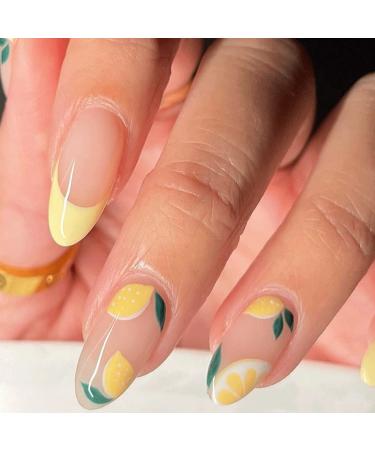 Lemon Press on Nails Medium Summer French Fake Nails with Fruit Lemon Designs Yellow False Nails With Nail Glue Spring Glue on Nails Summer Acrylic Nails Glossy Artificial Nails for Women Girls