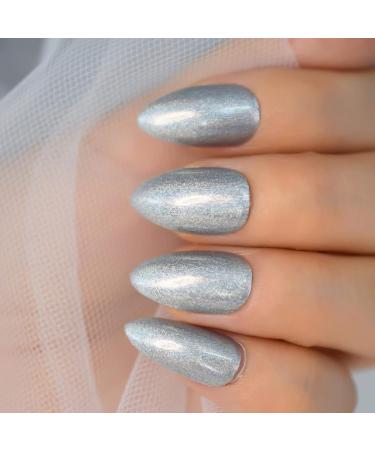 Laser Metallic Silver Wire Texture Artificial Nails - Short Almond Glossy Gel - 24pcs Acrylic Full Cover Kit - International Shipping - Buy Online on GoSupps.com