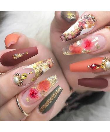 Magrace Extra Long Press on Nails Coffin Fake nails Brown French Tips False Nails with Designs 24 pcs Stick on Nails for Women A-7
