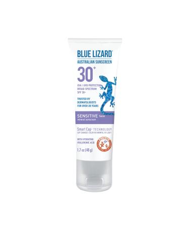 Blue Lizard SENSITIVE FACE Mineral Sunscreen with Zinc Oxide and Hydrating Hyaluronic Acid, SPF 30+, Water Resistant, UVA/UVB Protection with Smart Cap Technology - Fragrance Free, , 1.7 oz.