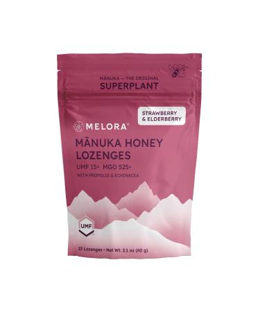 Manuka Honey Lozenges Strawberry Elderberry Lozenges for Sore Throat Relief 15 Honey Cough Drops (2.1 oz) Dry Mouth Lozenges with Propolis & Echinacea made with Raw Honey for Immune Support