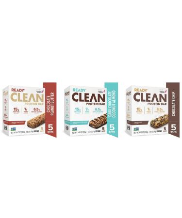Ready Clean Protein Bars Variety pack Chocolate Peanut Butter Chocolate Chip Dark Chocolate Coconut Almond 5 servings per case total 3 cases/15 individual servings.